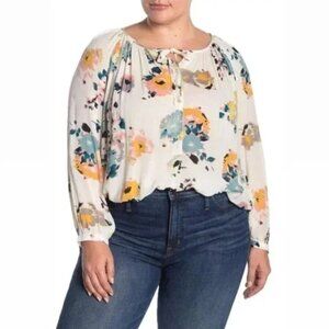 Lucky Brand Floral Keyhole Tie Neck Button Down Long Sleeve Top Blouse